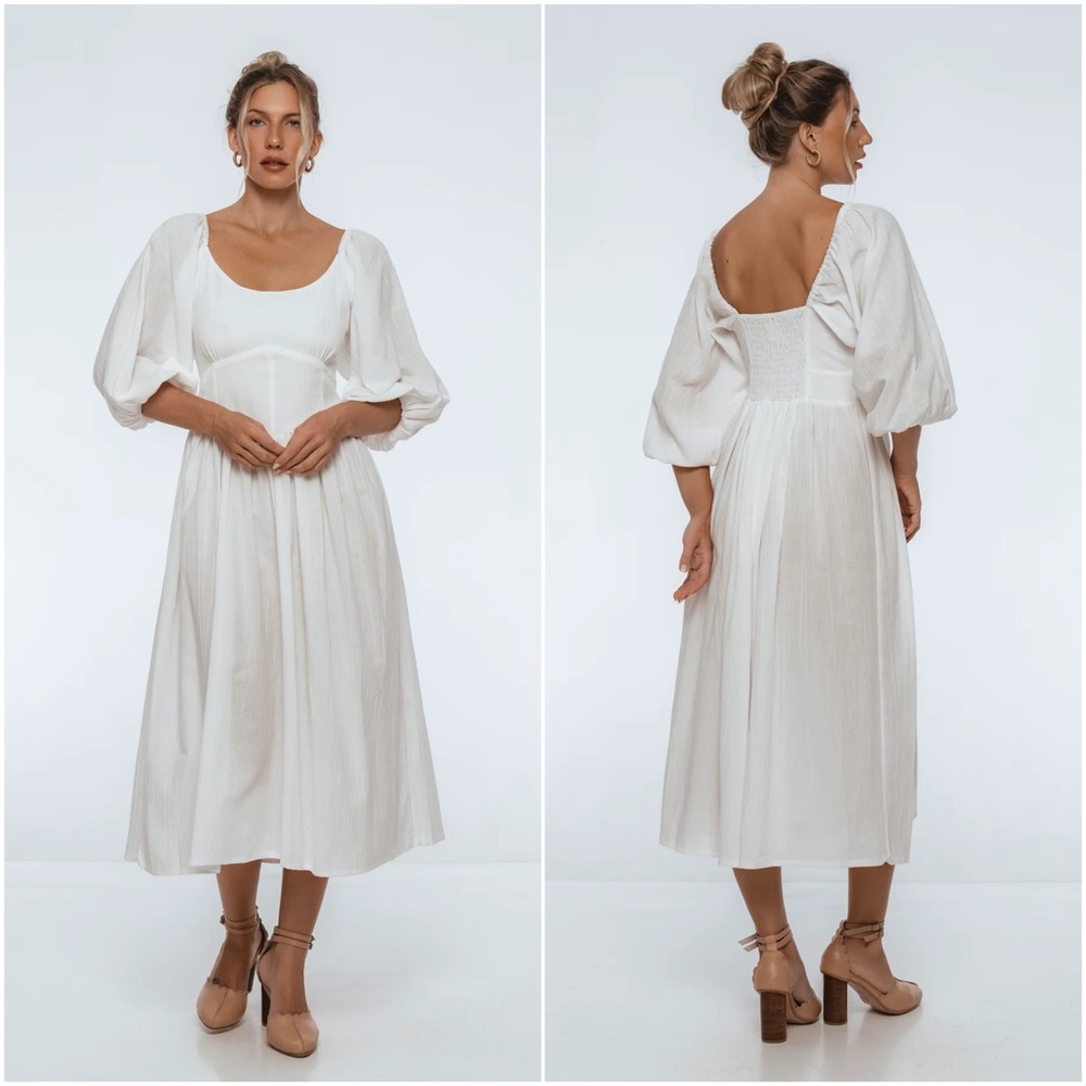 Bali Elf Genevieve Puff Sleeve Midi Dress in White